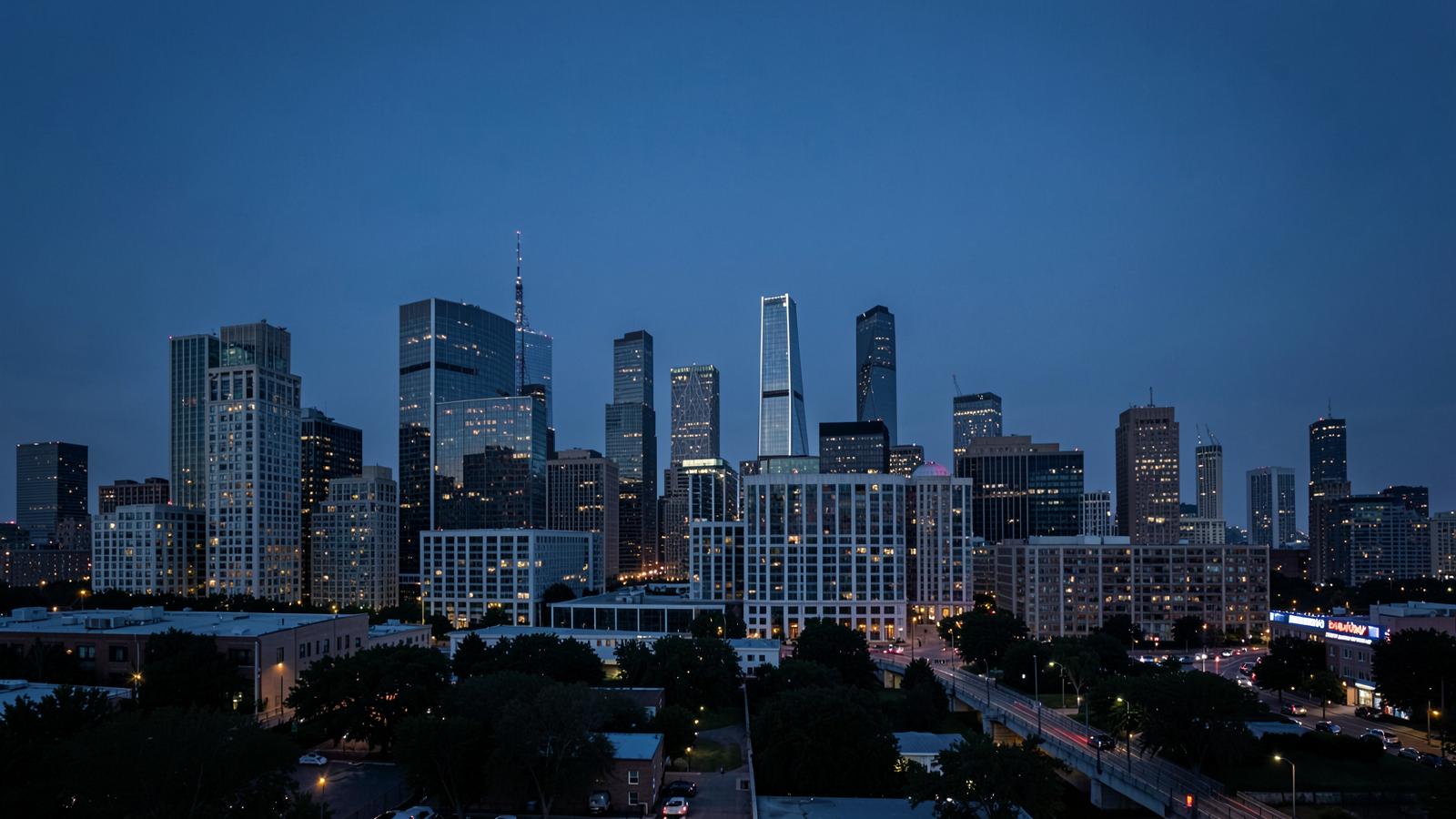 City skyline at dusk